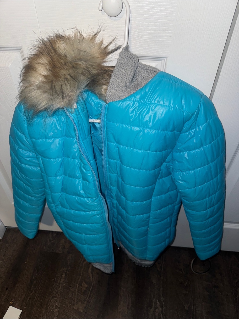 Teal Quilted Puff Jacket with quilted removable hood & faux-fur lined collar